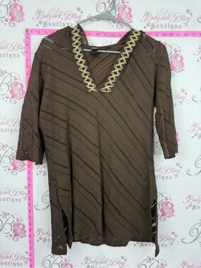 DONNA shirt or beach coverup V-Neck Knit Tunic with Gold Trim